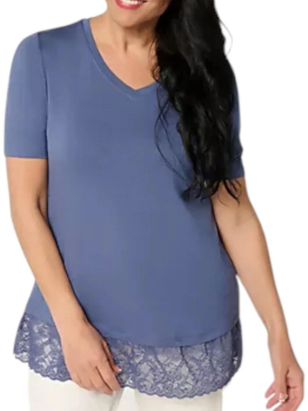 LOGO Layers by Lori Goldstein Women's Elbow Sleeve Lace Hem Top Blue Indigo 2X